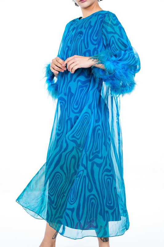 1960s Ostrich Feather Trimmed Silk Gown