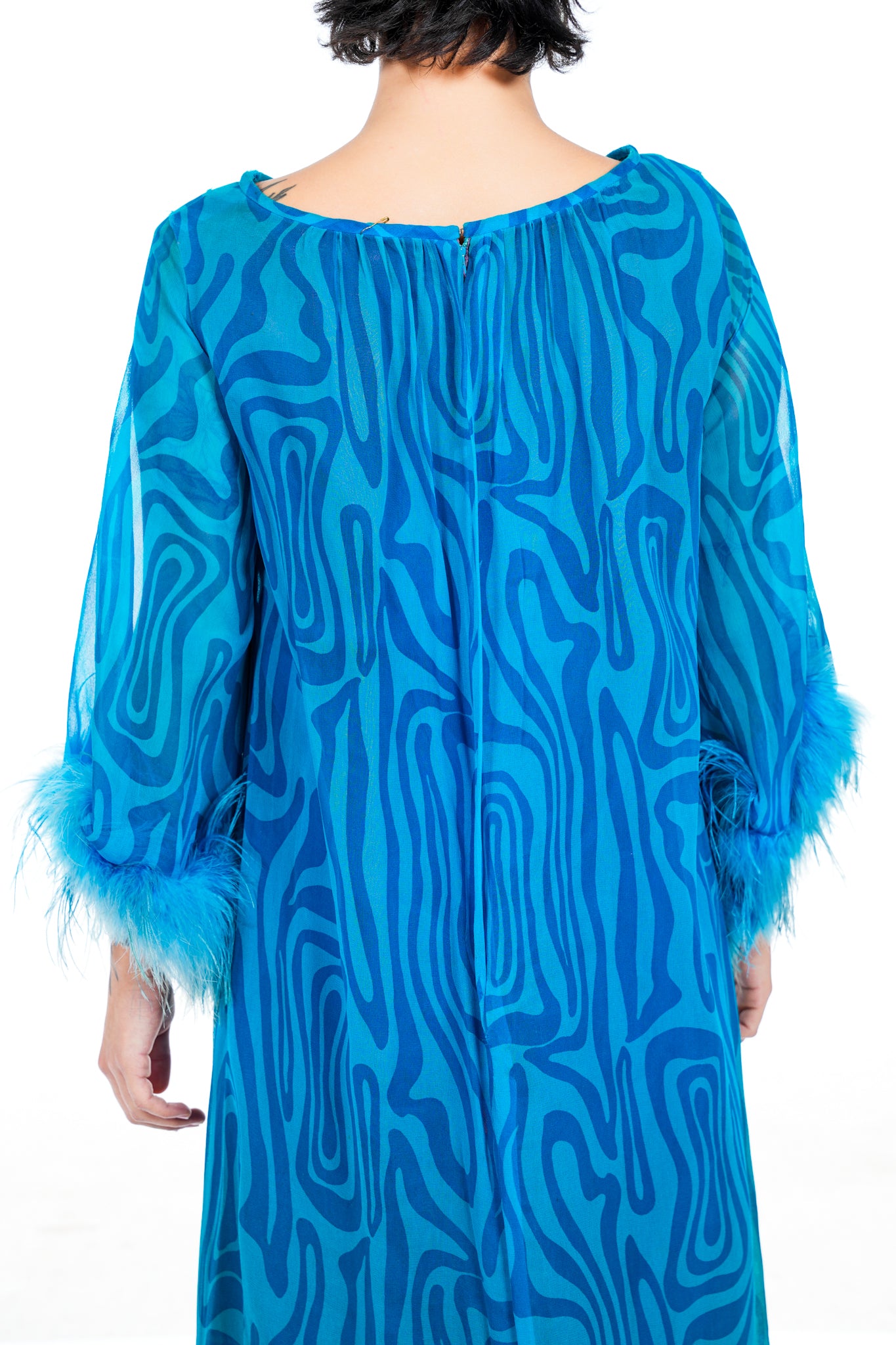 1960s Ostrich Feather Trimmed Silk Gown