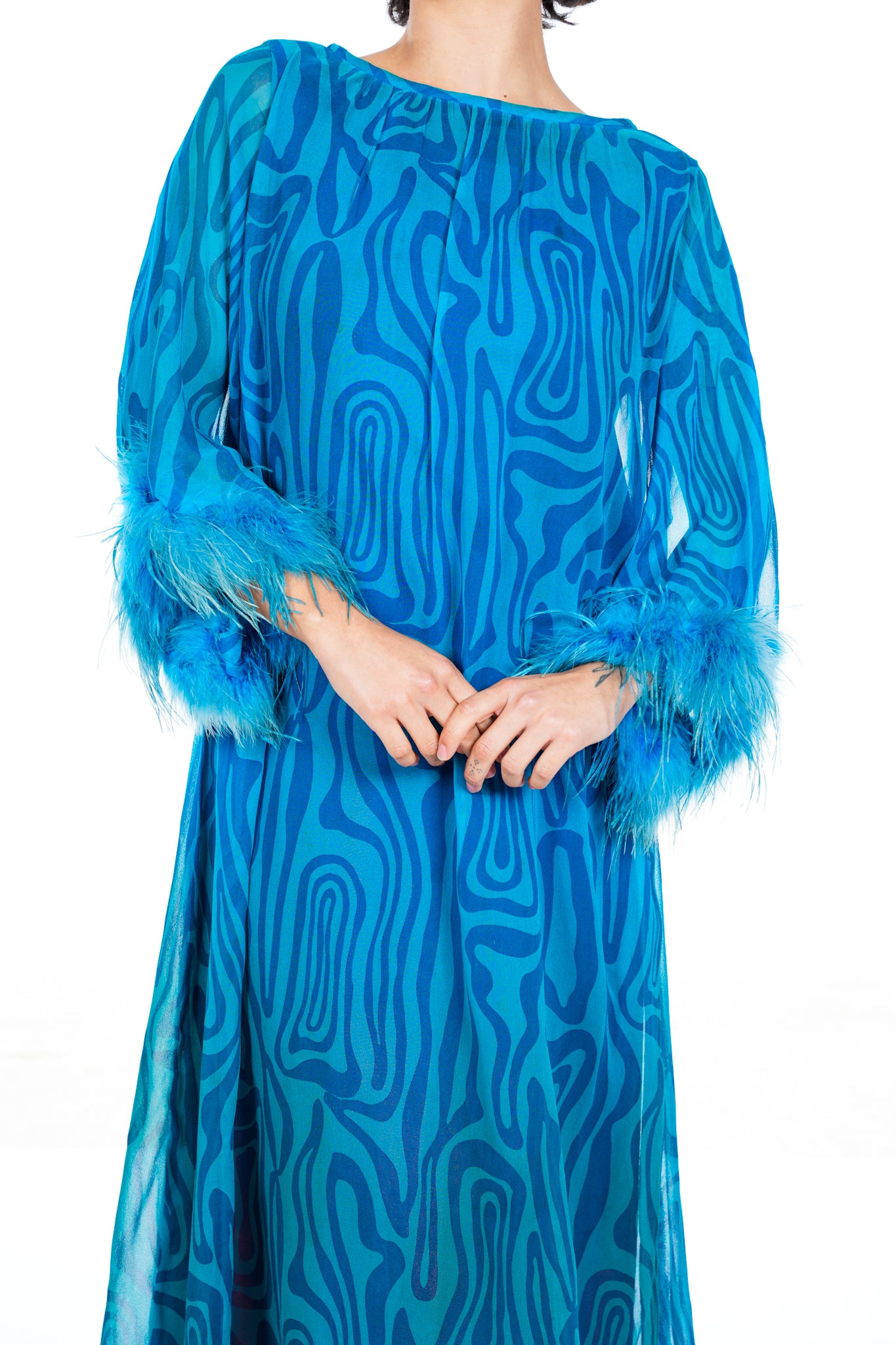 1960s Ostrich Feather Trimmed Silk Gown