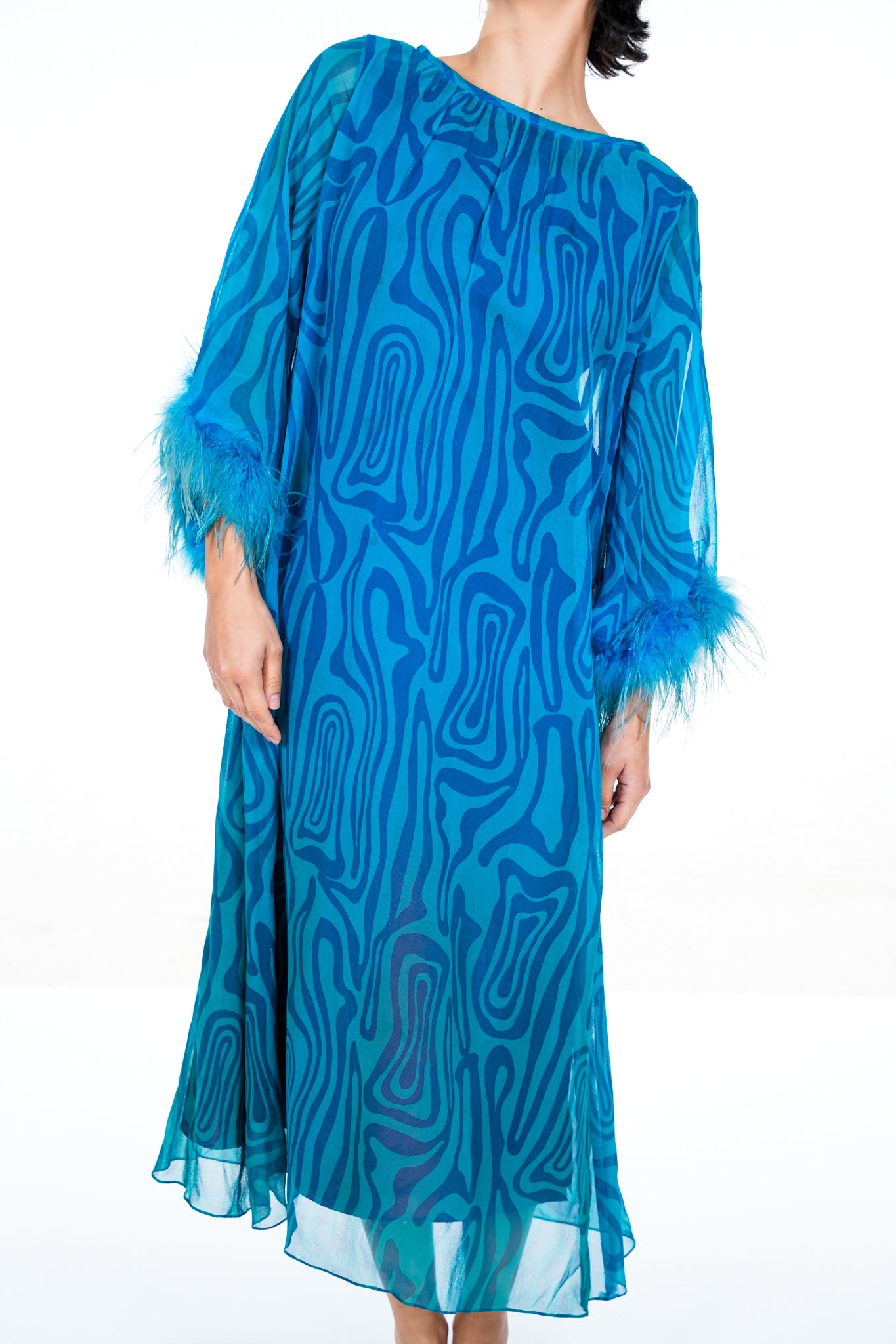 1960s Ostrich Feather Trimmed Silk Gown