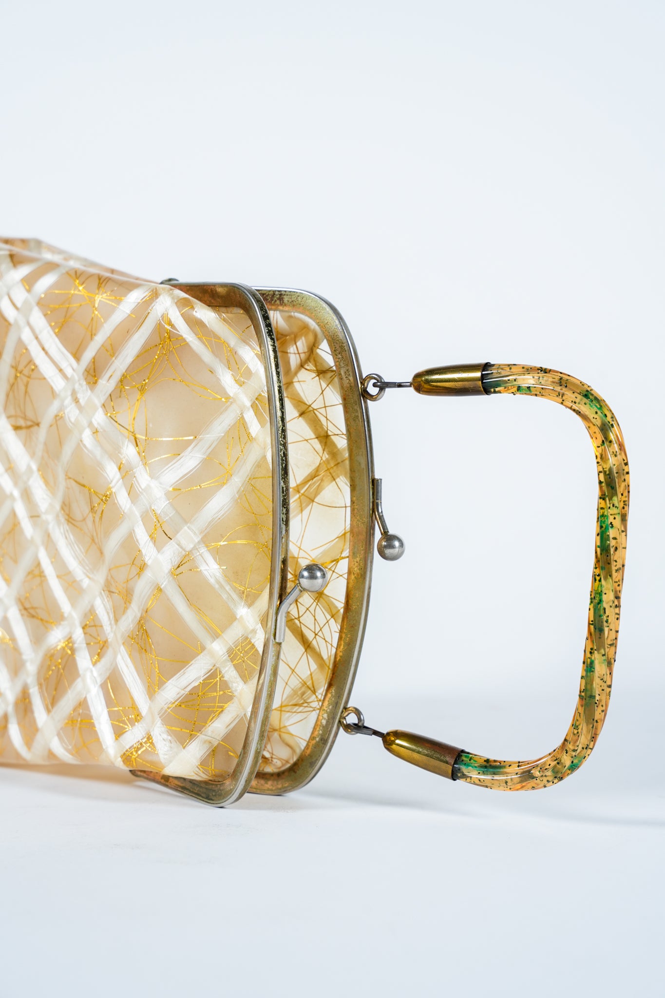 1950s Lucite Handle and Plastic Purse with Gold Ribbon