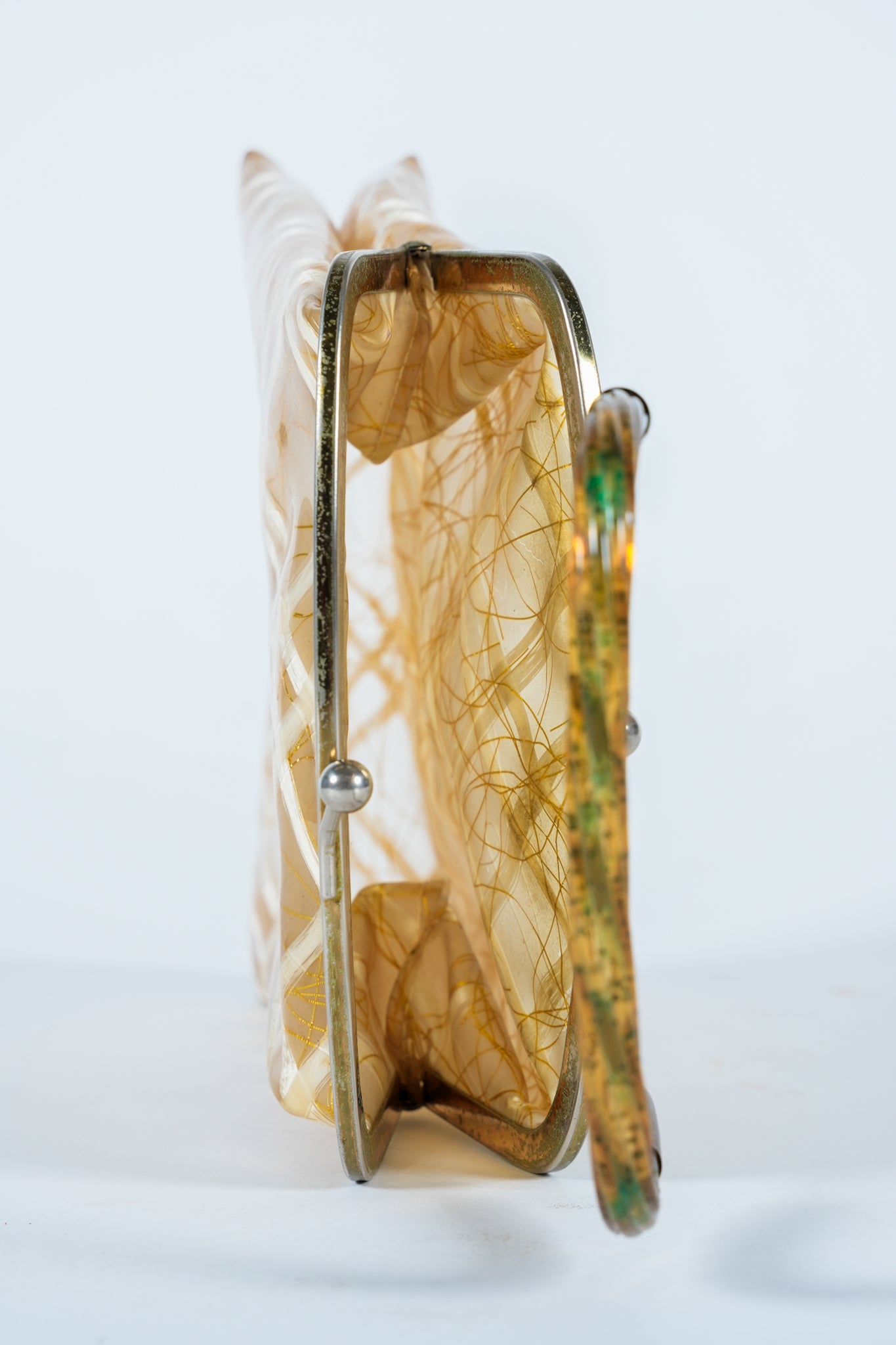 1950s Lucite Handle and Plastic Purse with Gold Ribbon