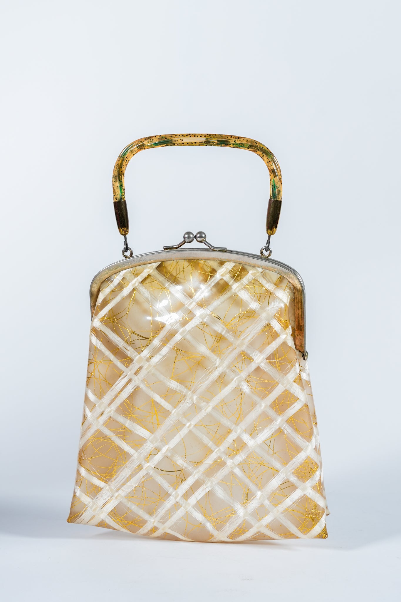 1950s Lucite Handle and Plastic Purse with Gold Ribbon