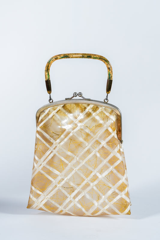1950s Lucite Handle and Plastic Purse with Gold Ribbon