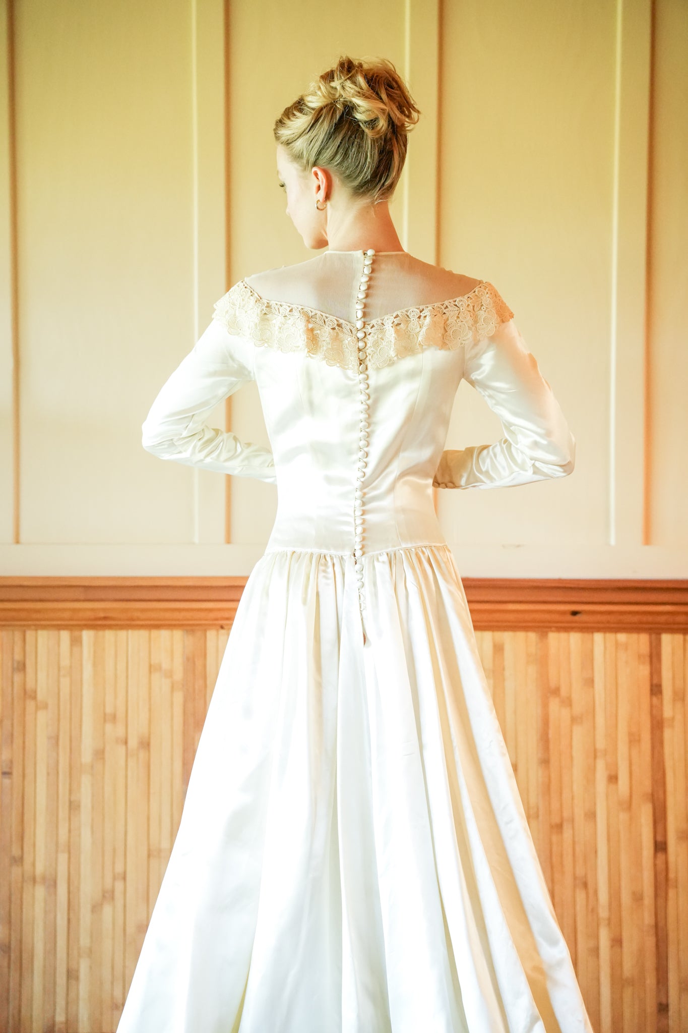 Handmade High Neck Satin Wedding Gown