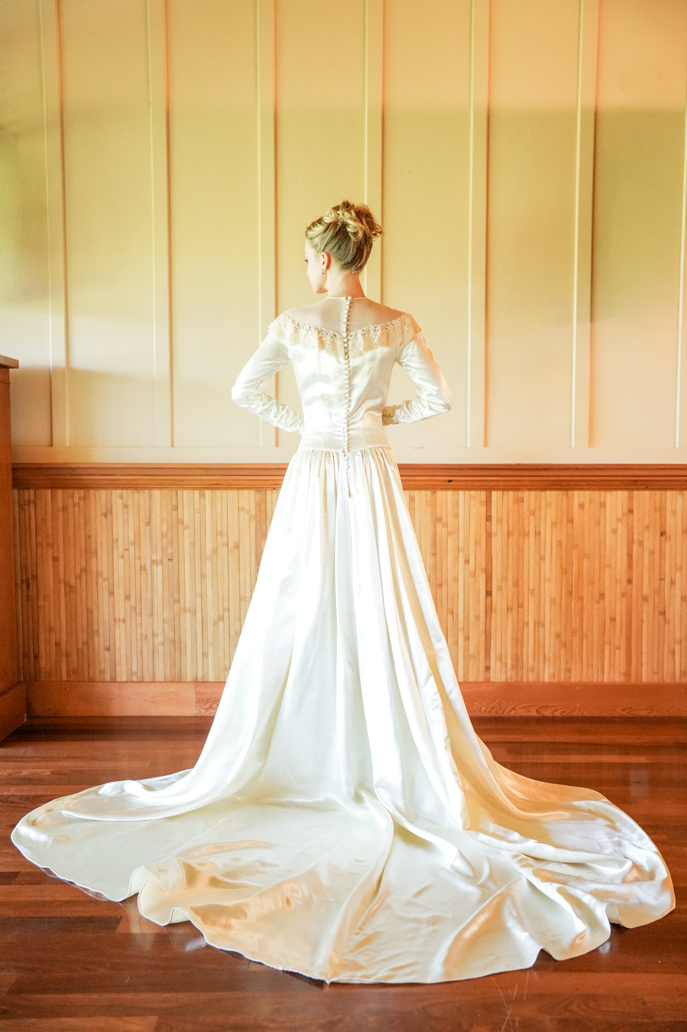 Handmade High Neck Satin Wedding Gown