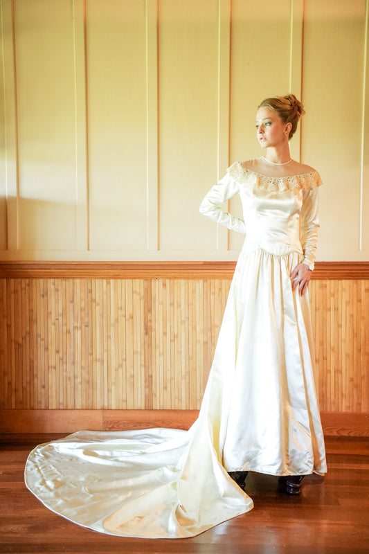 Handmade High Neck Satin Wedding Gown