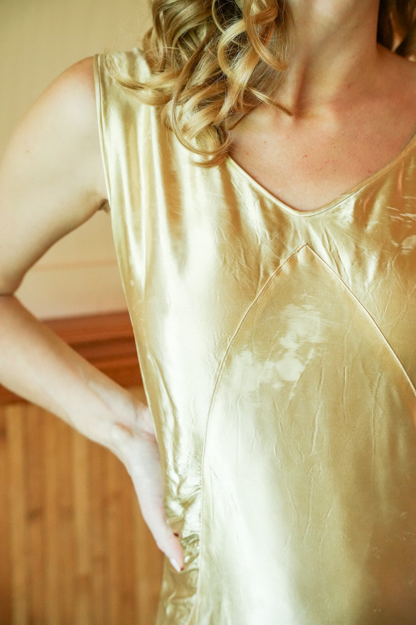 1920s Gold Metallic Satin Gown