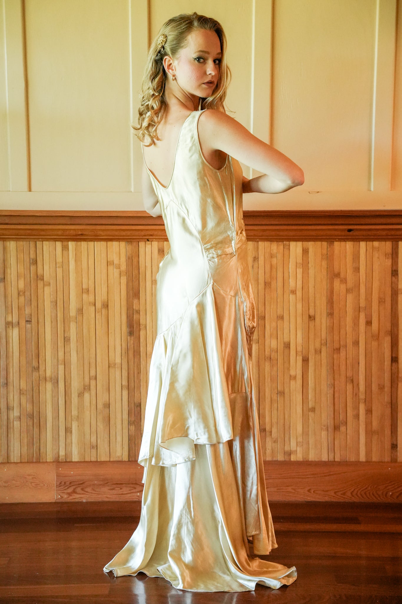 1920s Gold Metallic Satin Gown