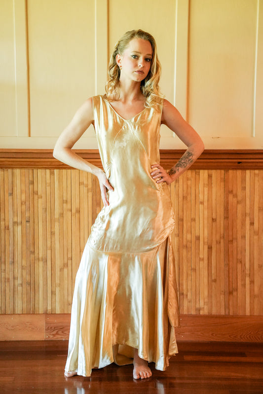 1920s Gold Metallic Satin Gown