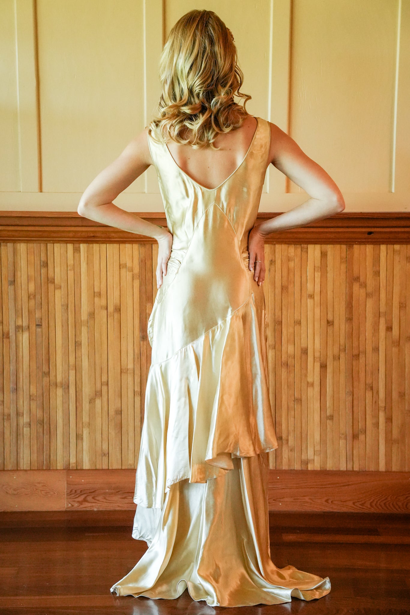 1920s Gold Metallic Satin Gown