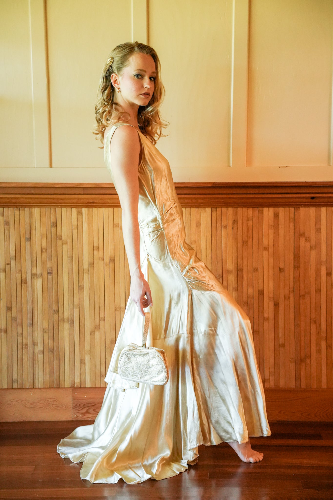 1920s Gold Metallic Satin Gown