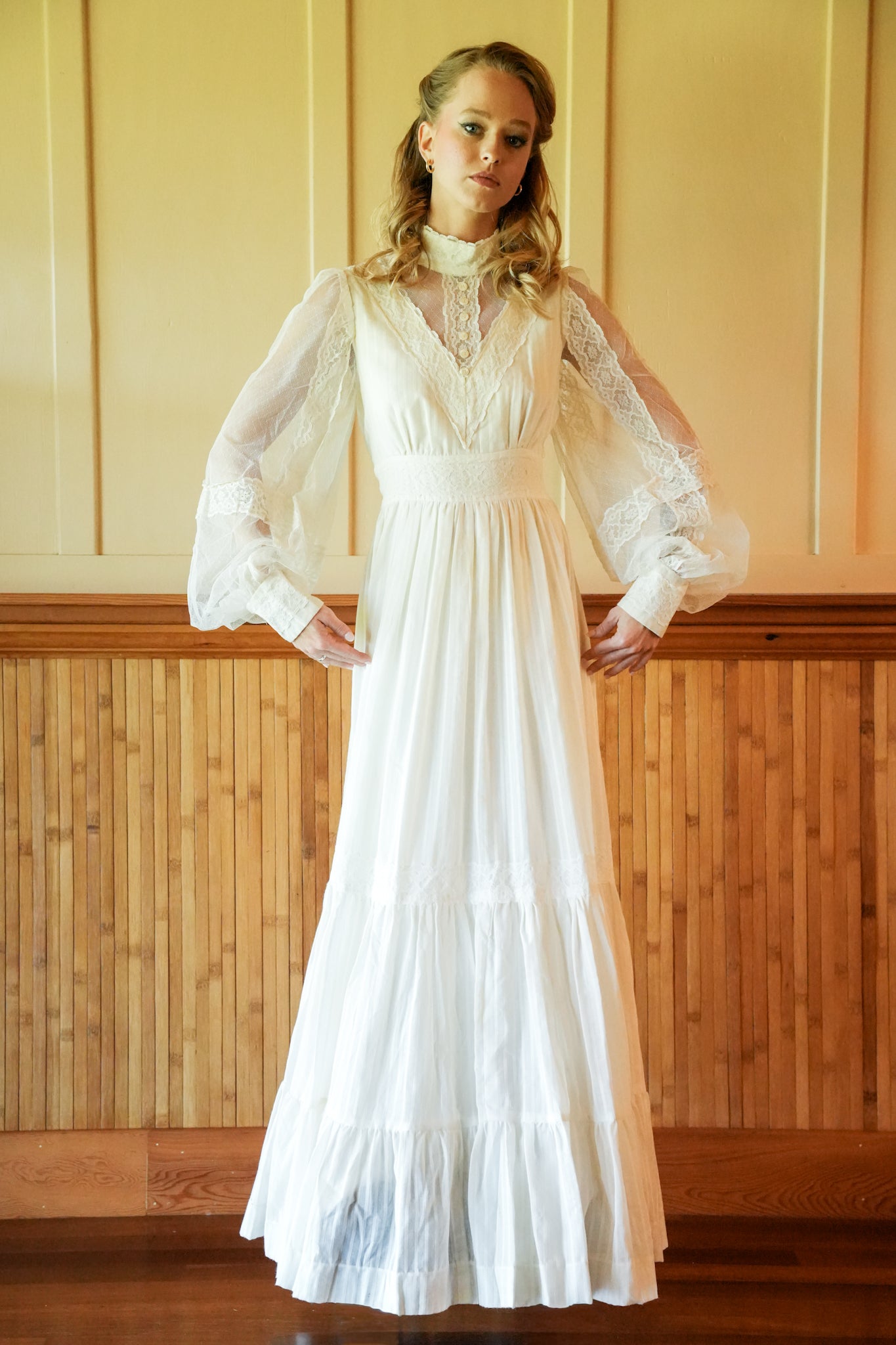 1970's Gunne Sax Victorian Style Sleeved Lace Wedding Dress