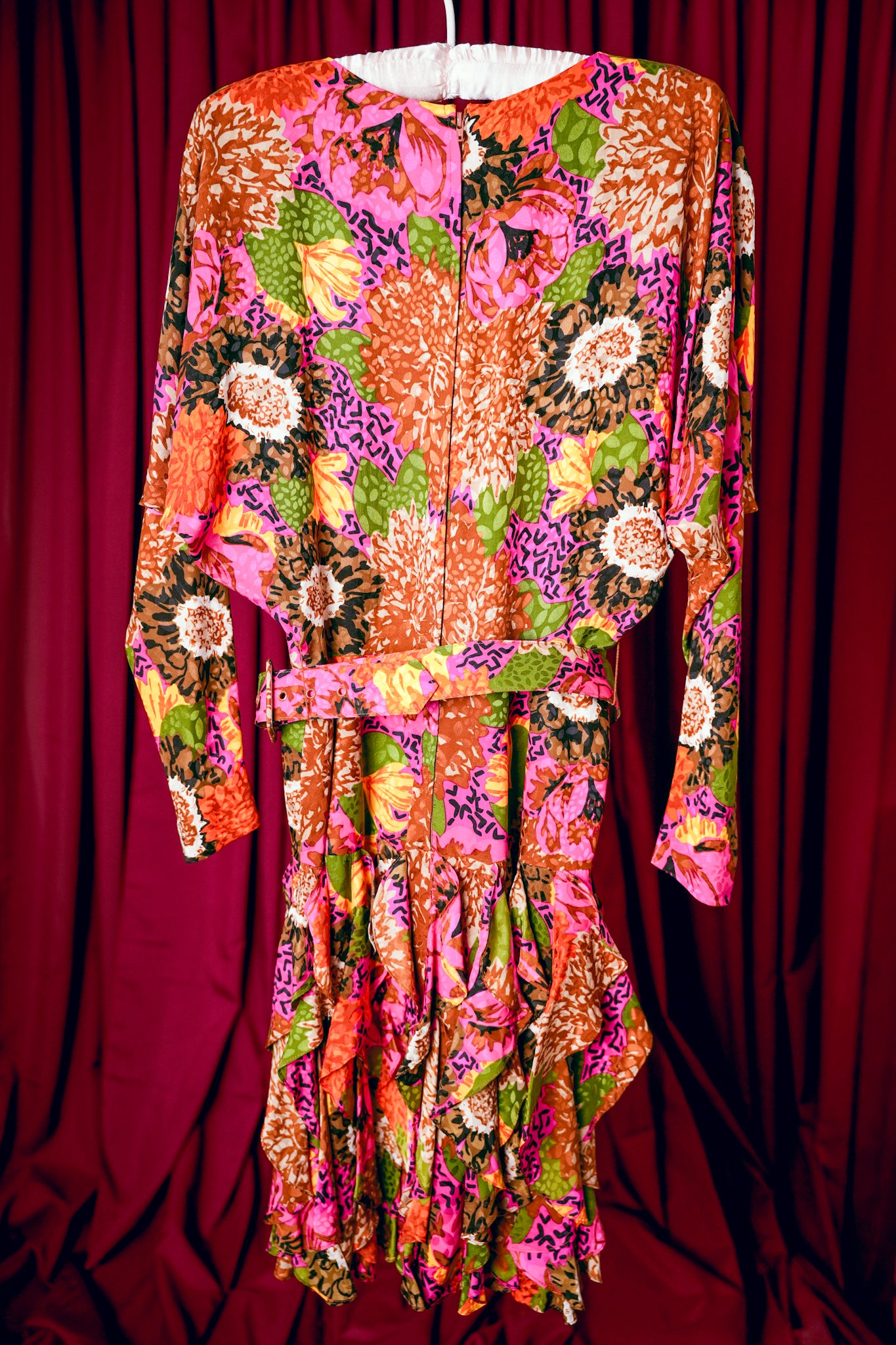 1980s Silk Floral Batwing Ruffle Dress