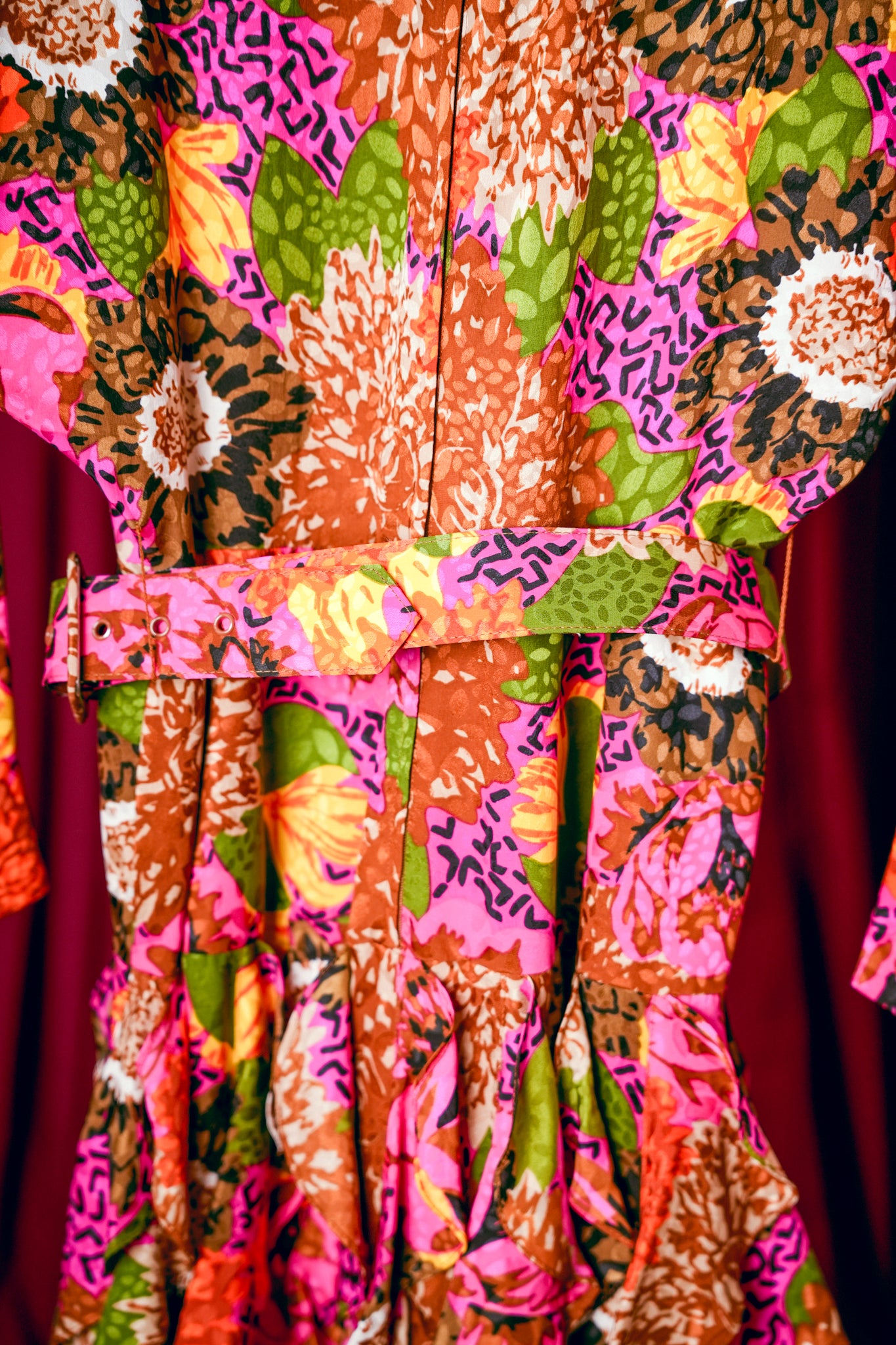 1980s Silk Floral Batwing Ruffle Dress