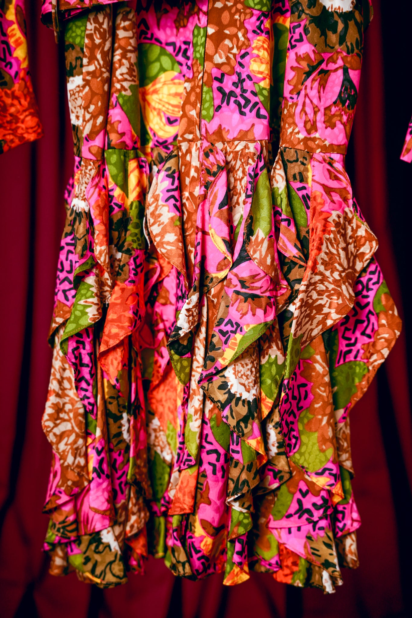 1980s Silk Floral Batwing Ruffle Dress