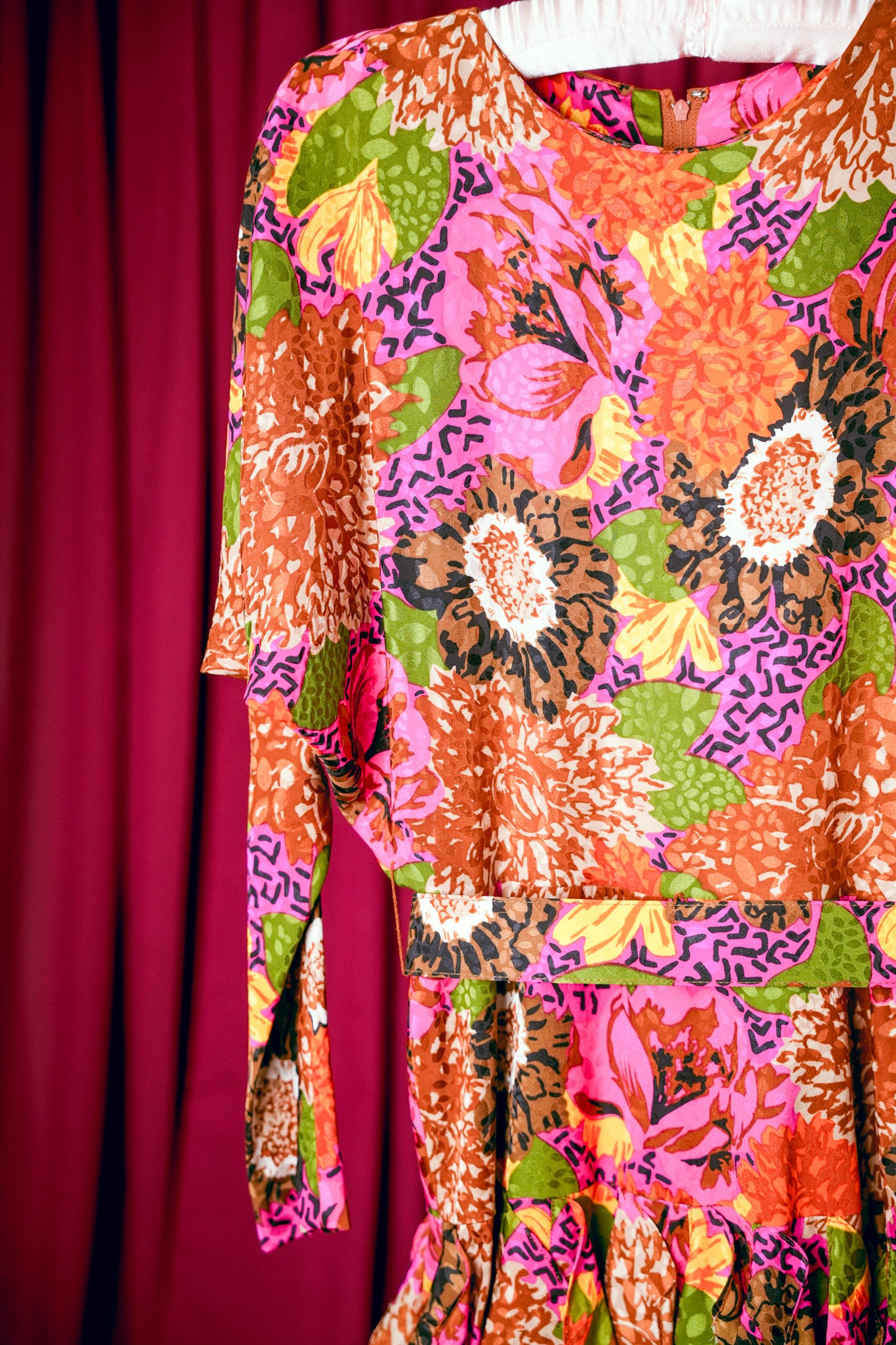1980s Silk Floral Batwing Ruffle Dress