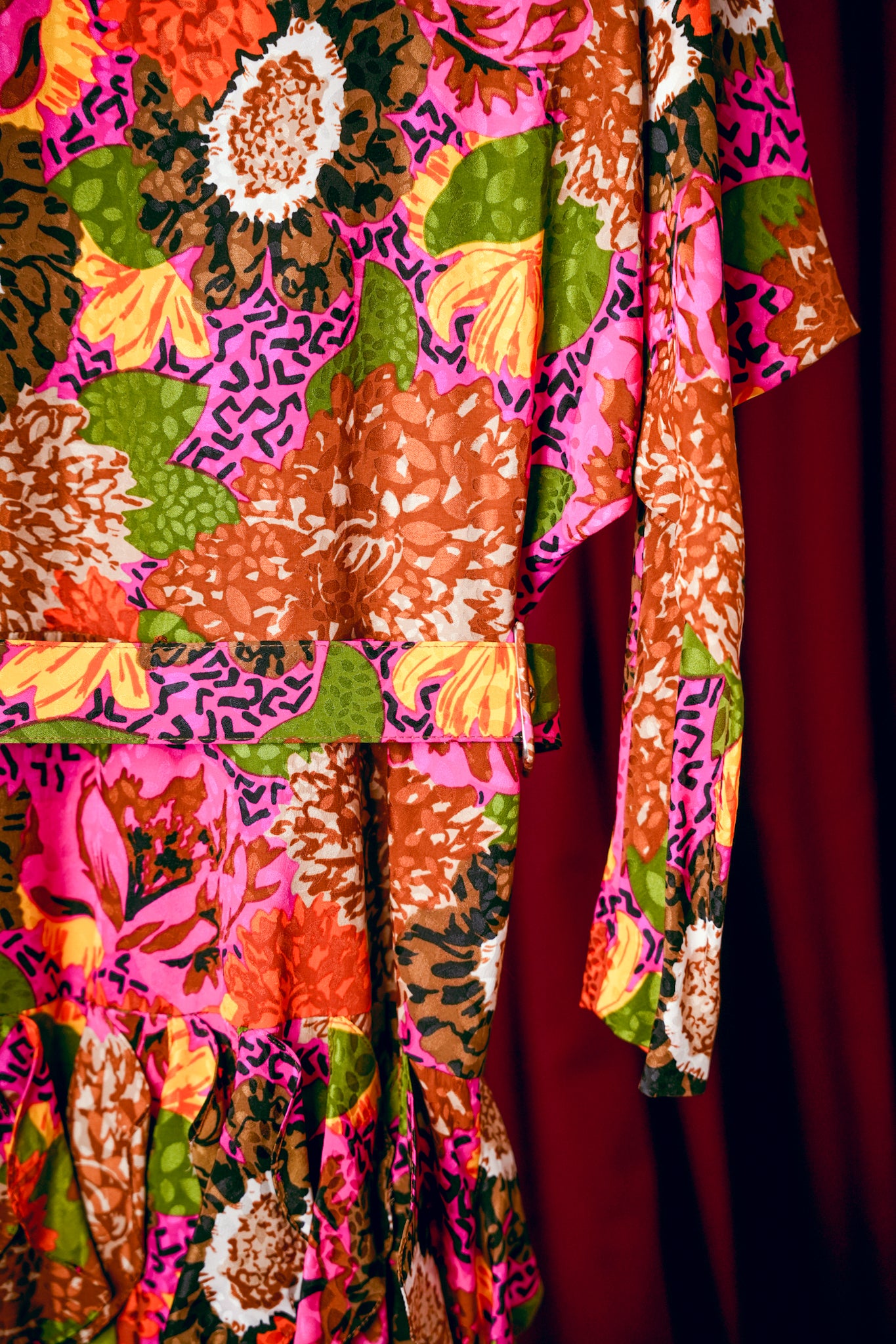 1980s Silk Floral Batwing Ruffle Dress