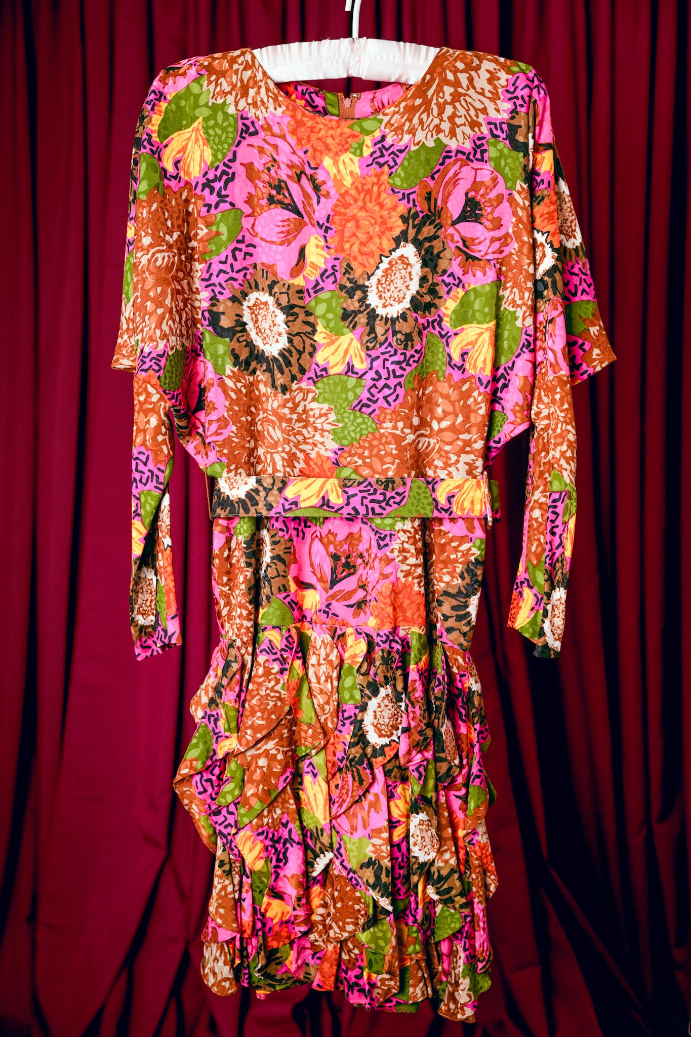 1980s Silk Floral Batwing Ruffle Dress