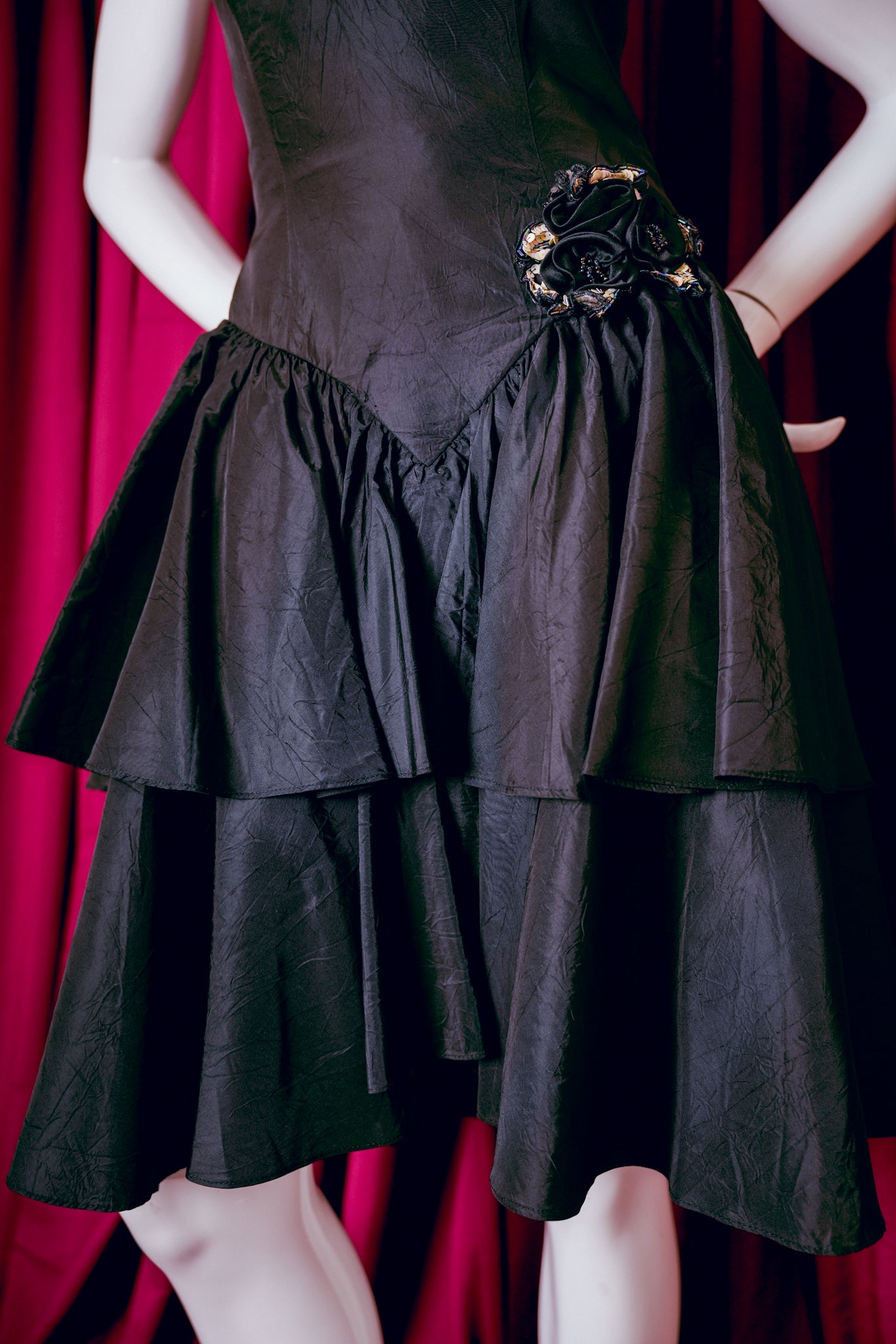 1980s Black Beaded Flower Party Dress