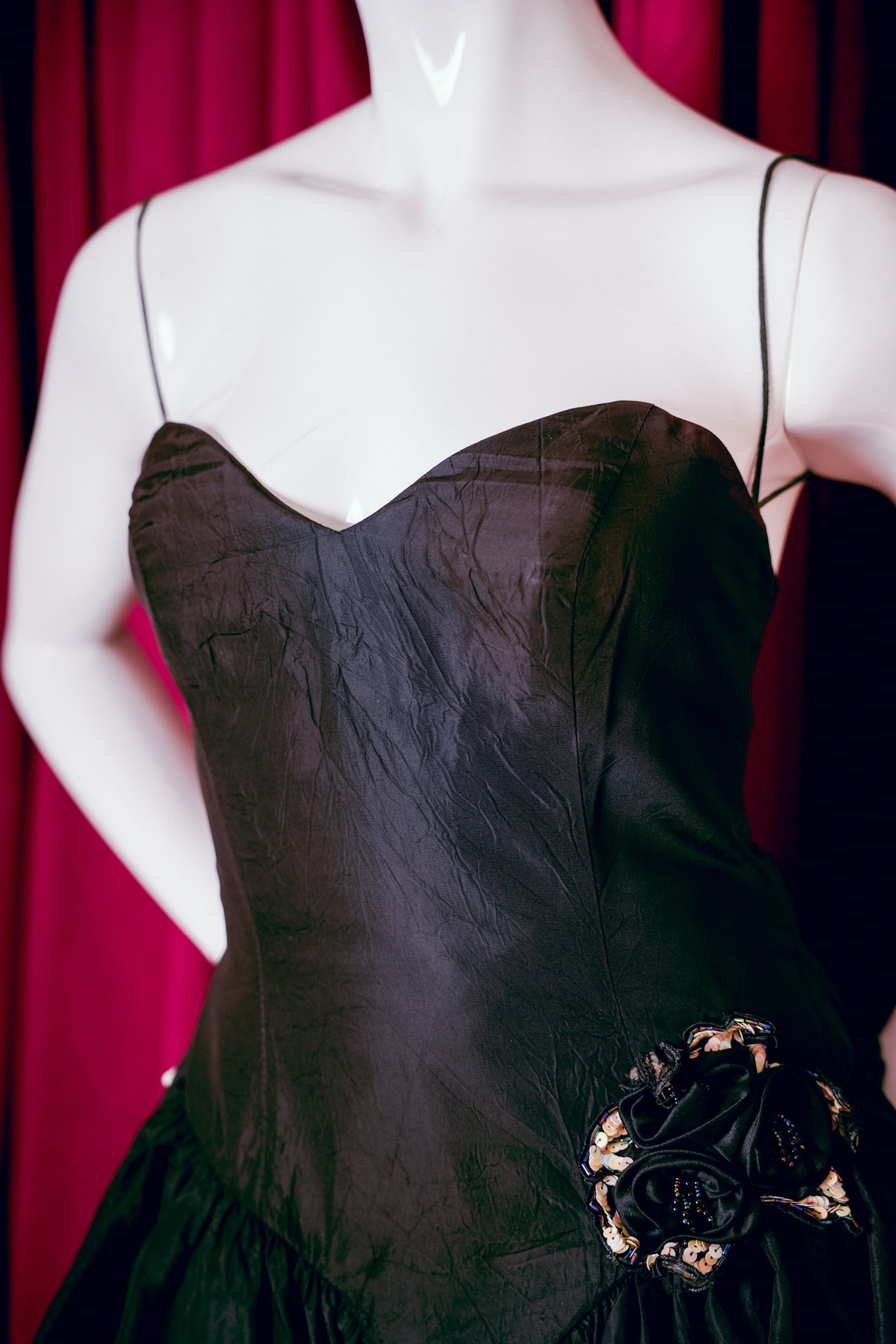 1980s Black Beaded Flower Party Dress