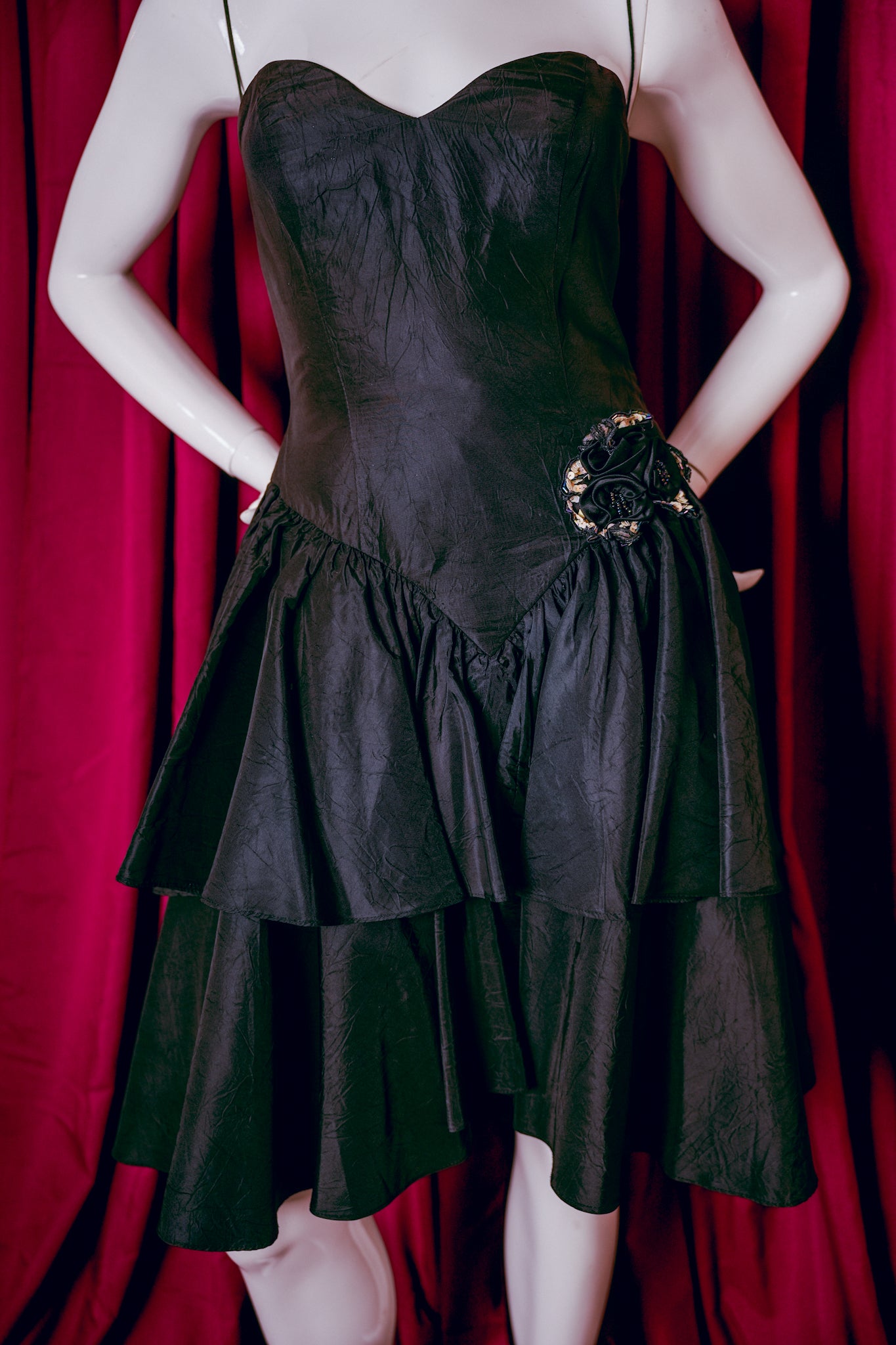 1980s Black Beaded Flower Party Dress
