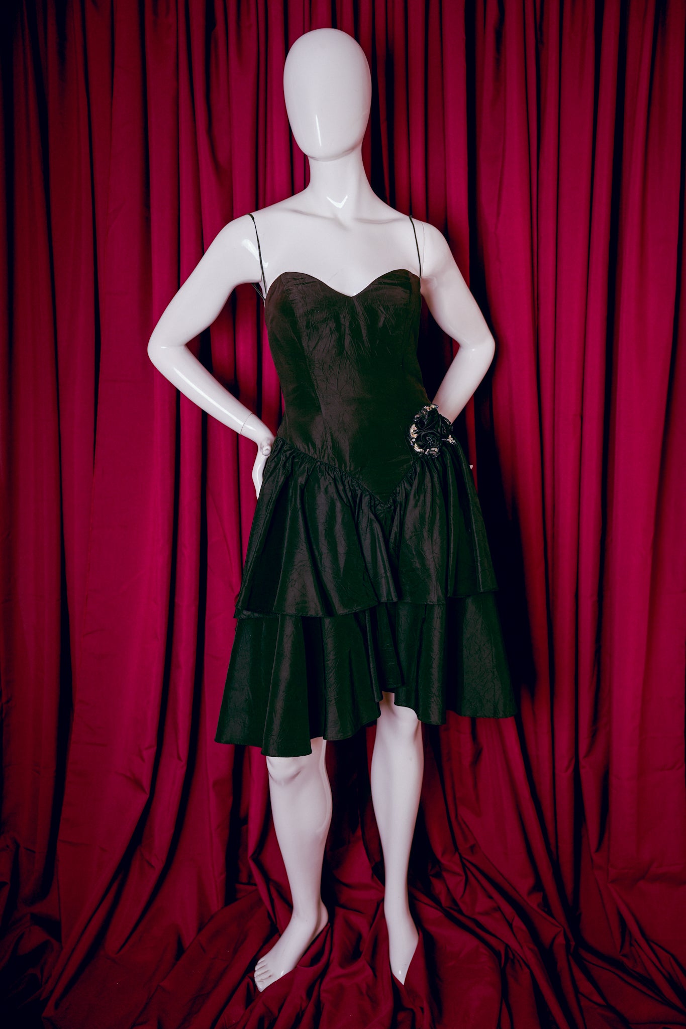 1980s Black Beaded Flower Party Dress