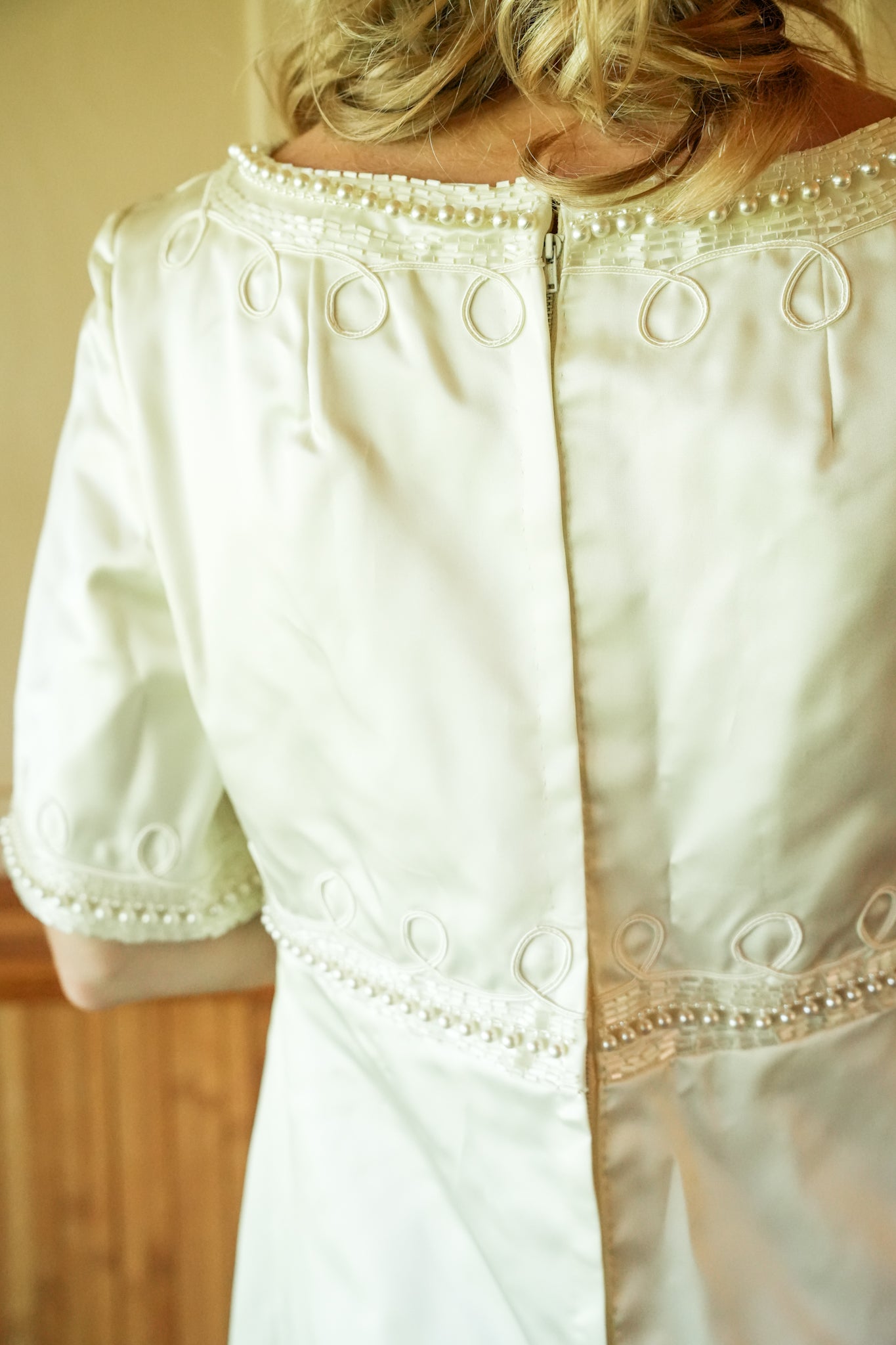 1960's Handmade Satin Beaded Wedding Dress