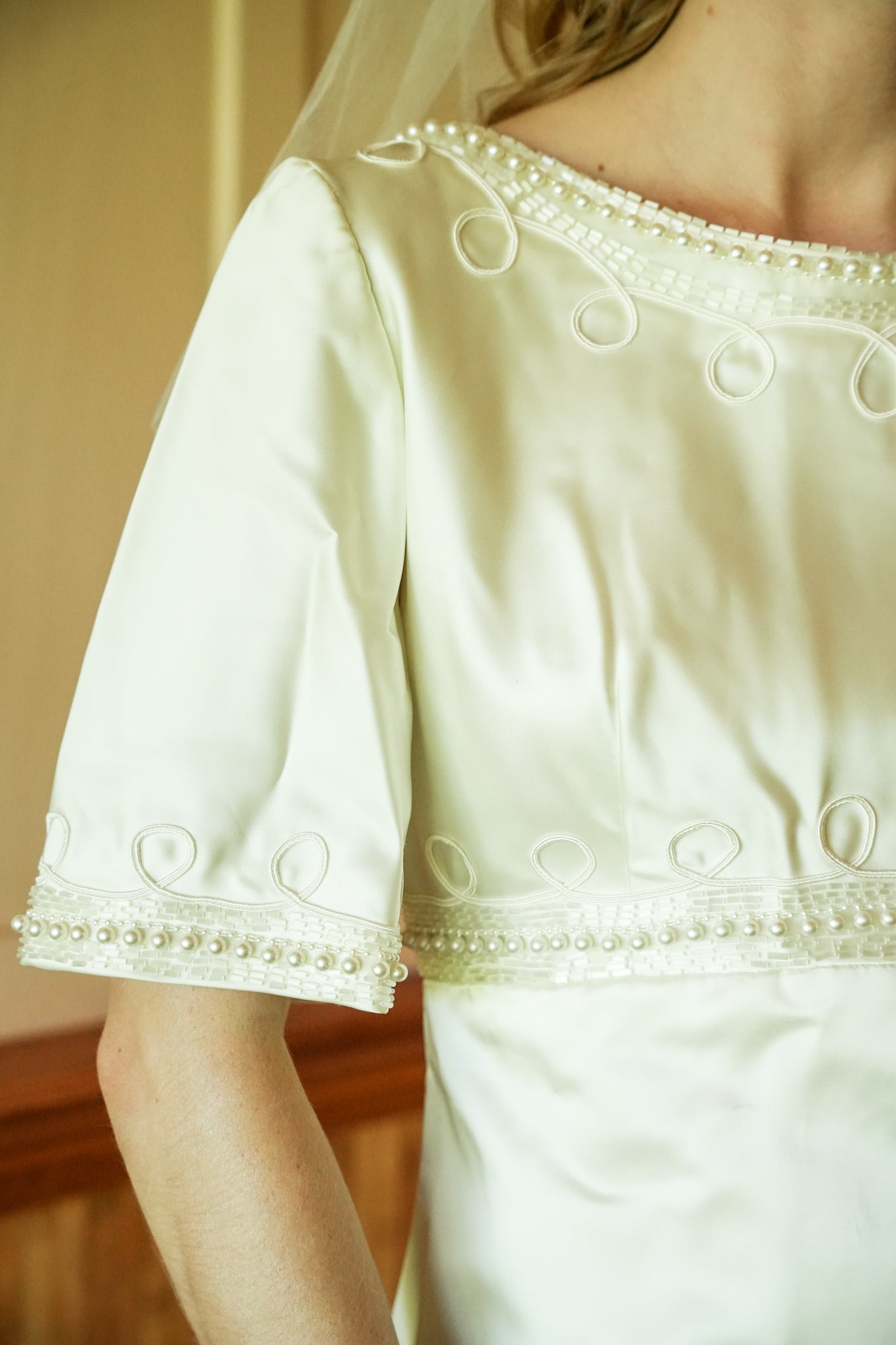 1960's Handmade Satin Beaded Wedding Dress