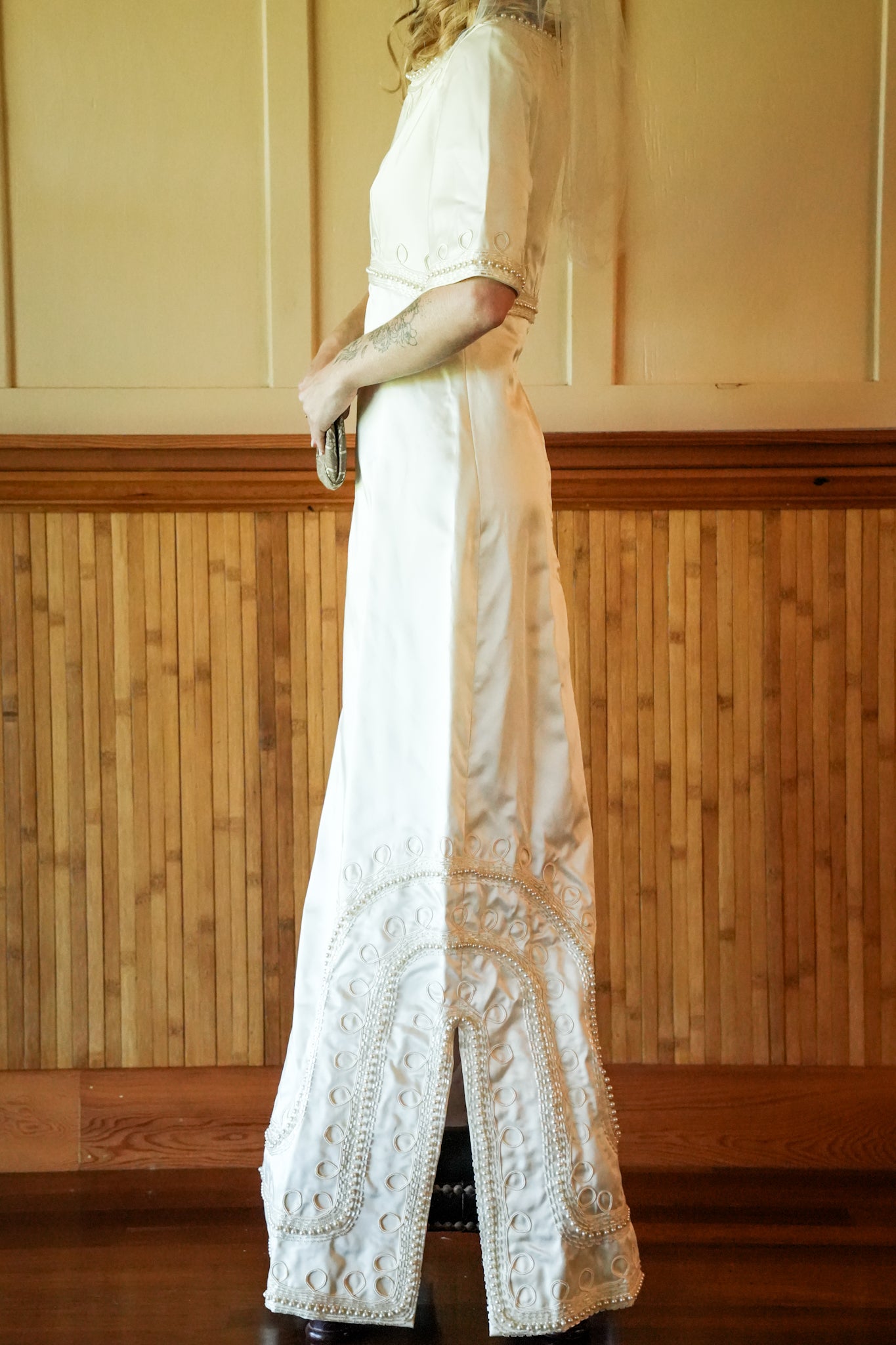 1960's Handmade Satin Beaded Wedding Dress