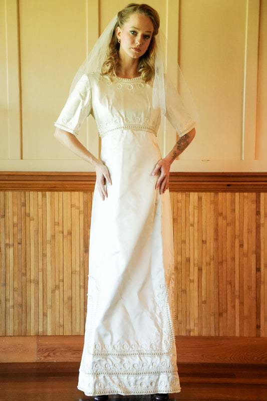 1960's Handmade Satin Beaded Wedding Dress