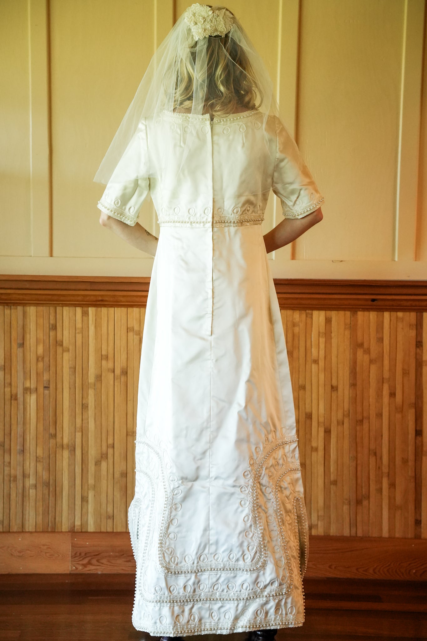 1960's Handmade Satin Beaded Wedding Dress