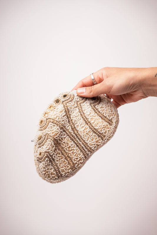 Vintage White Beaded Clutch with Mirror