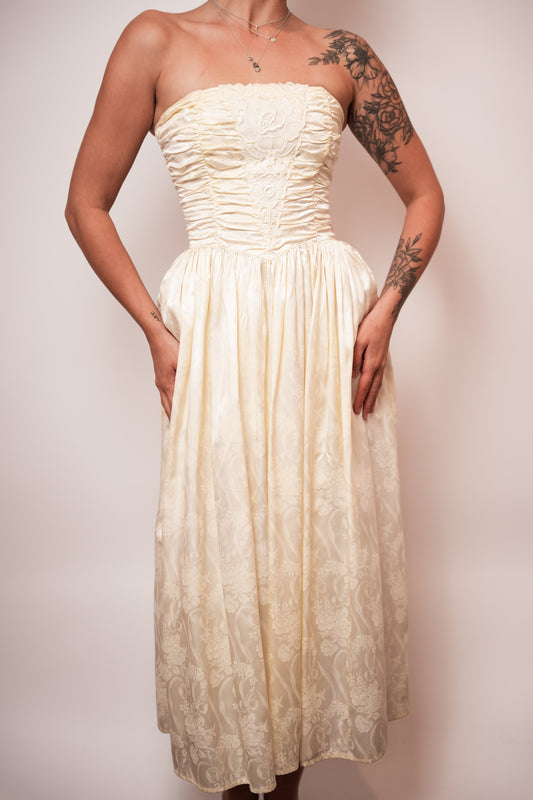 1970s Gunne Sax White Rouched Party Dress