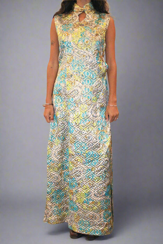 1960s Quilted Pastel Cheongsam Dress