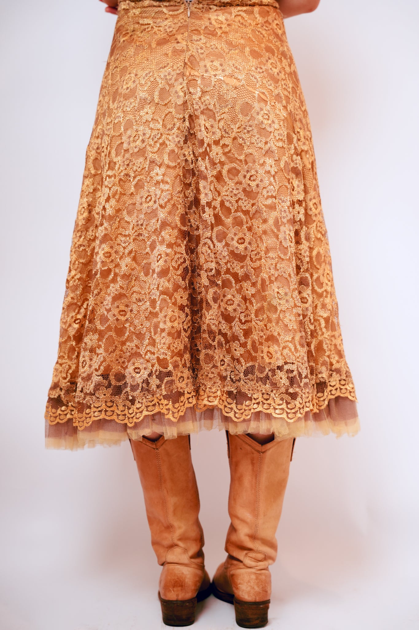 1990s Gold Strapless Lace Dress
