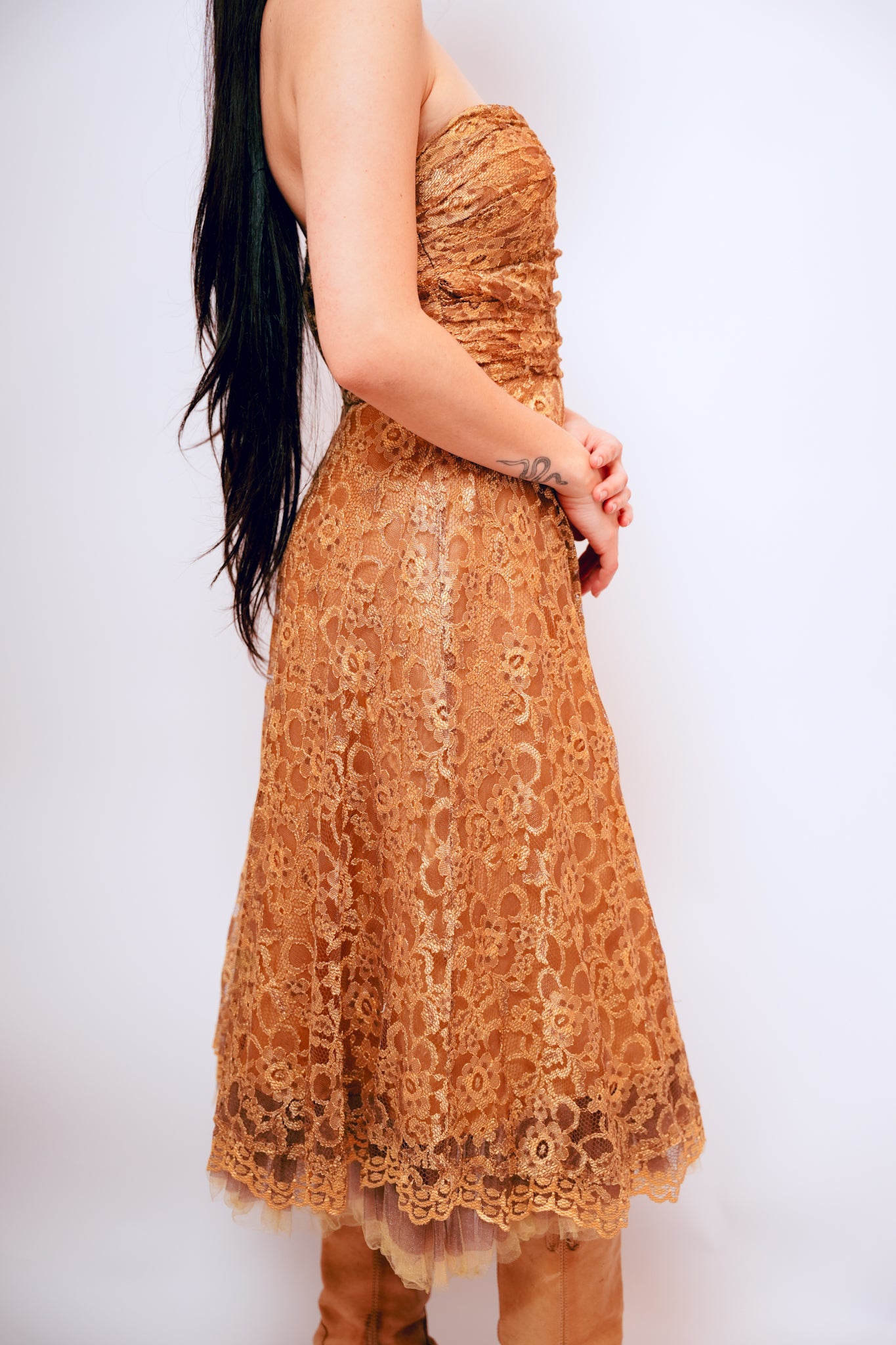 1990s Gold Strapless Lace Dress