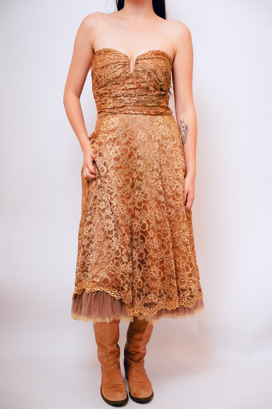 1990s Gold Strapless Lace Dress