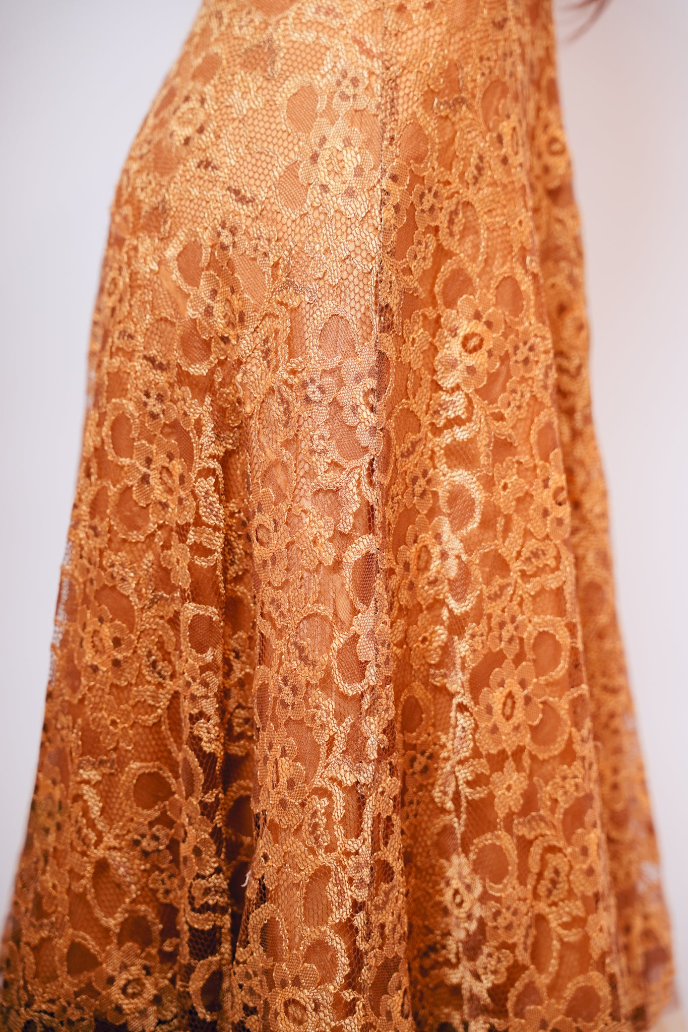 1990s Gold Strapless Lace Dress