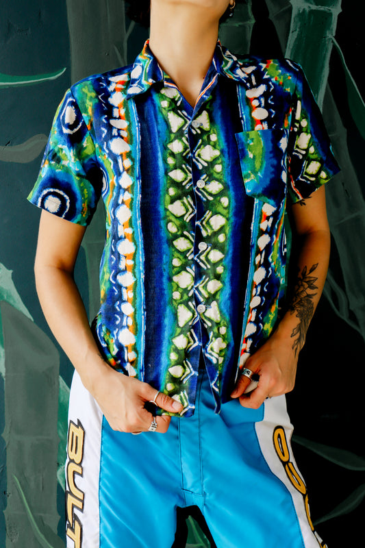 Blue Kaku Barkcloth Aloha Shirt