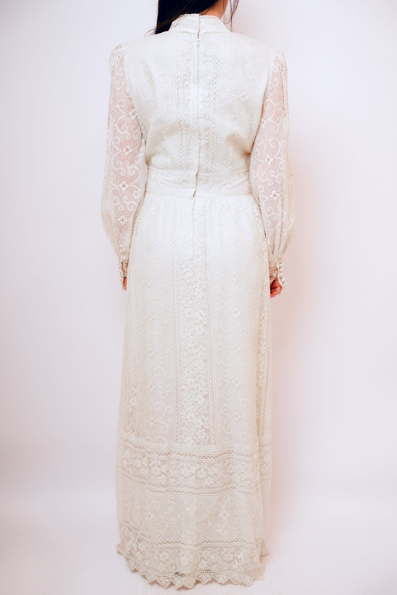 1970s Cream Mixed Lace Victor Costa Boho Maxi Dress