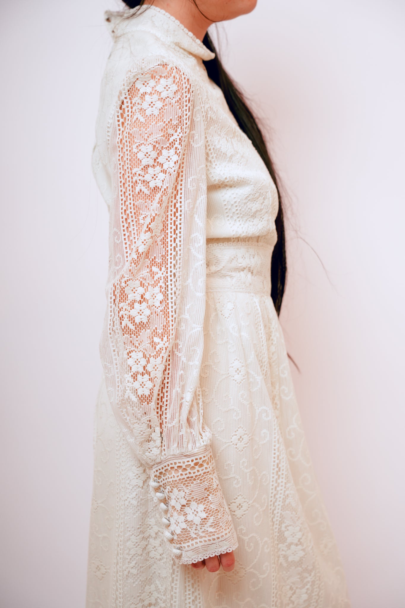 1970s Cream Mixed Lace Victor Costa Boho Maxi Dress
