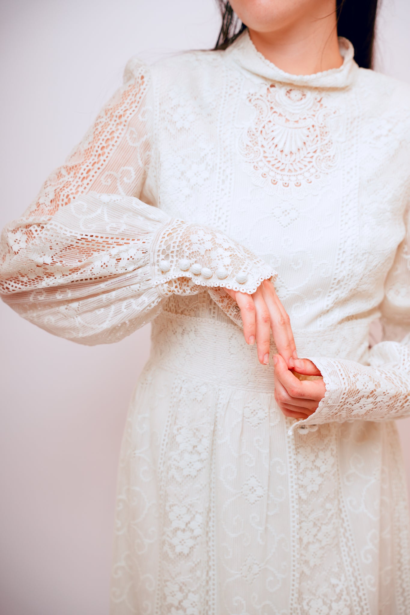 1970s Cream Mixed Lace Victor Costa Boho Maxi Dress