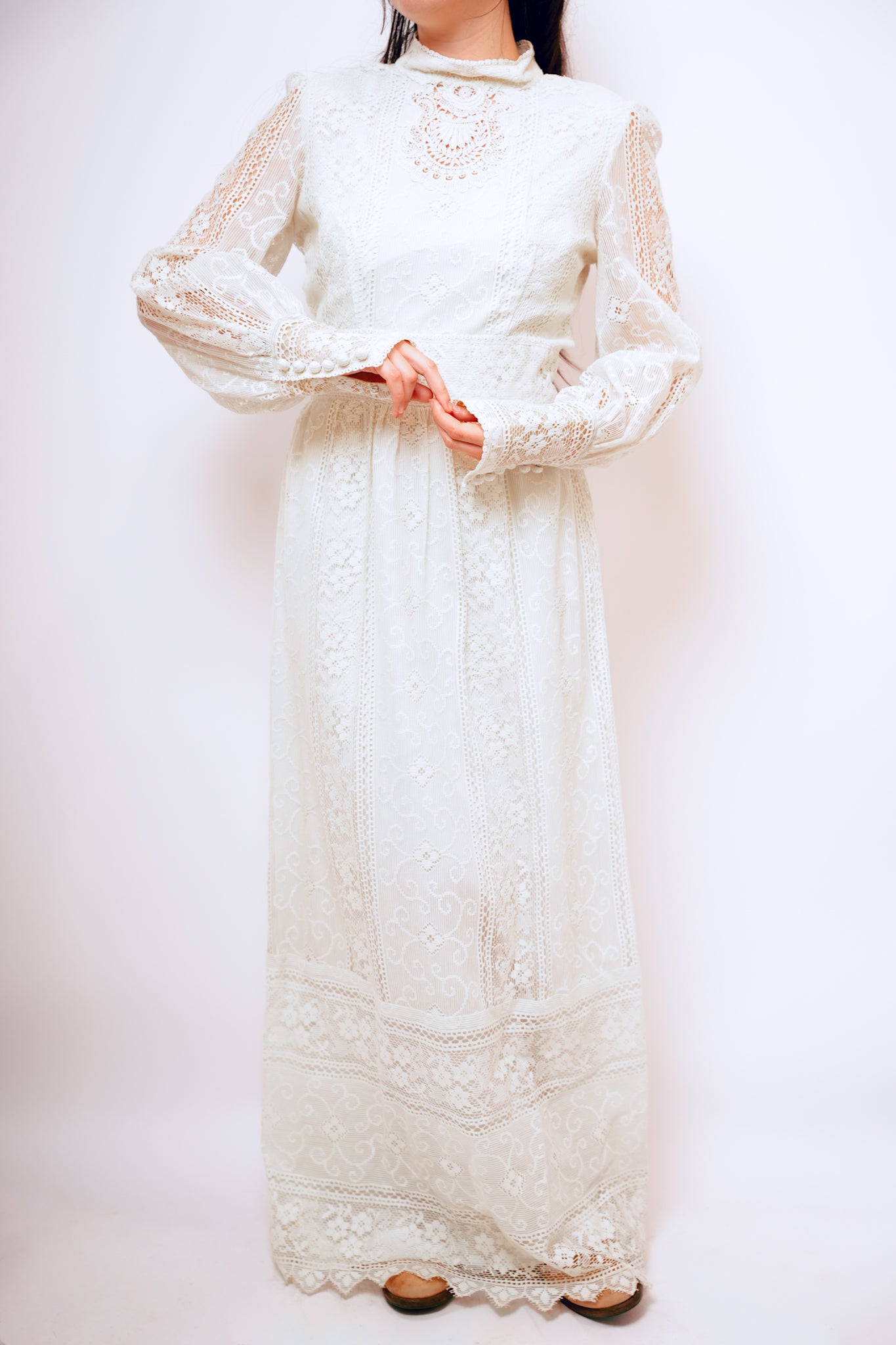 1970s Cream Mixed Lace Victor Costa Boho Maxi Dress