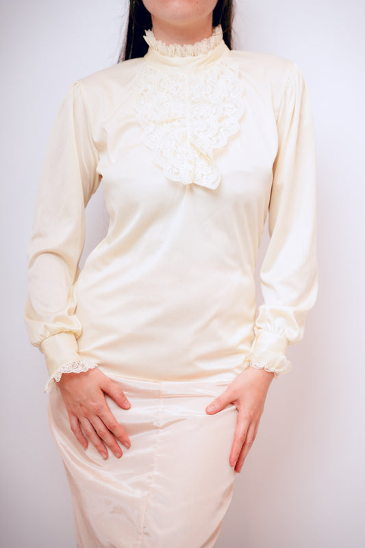 Vintage Cream Lace High Neck Blouse