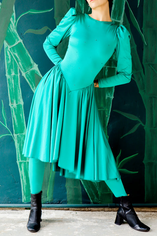 Teal Rhinestone Leotard Dress