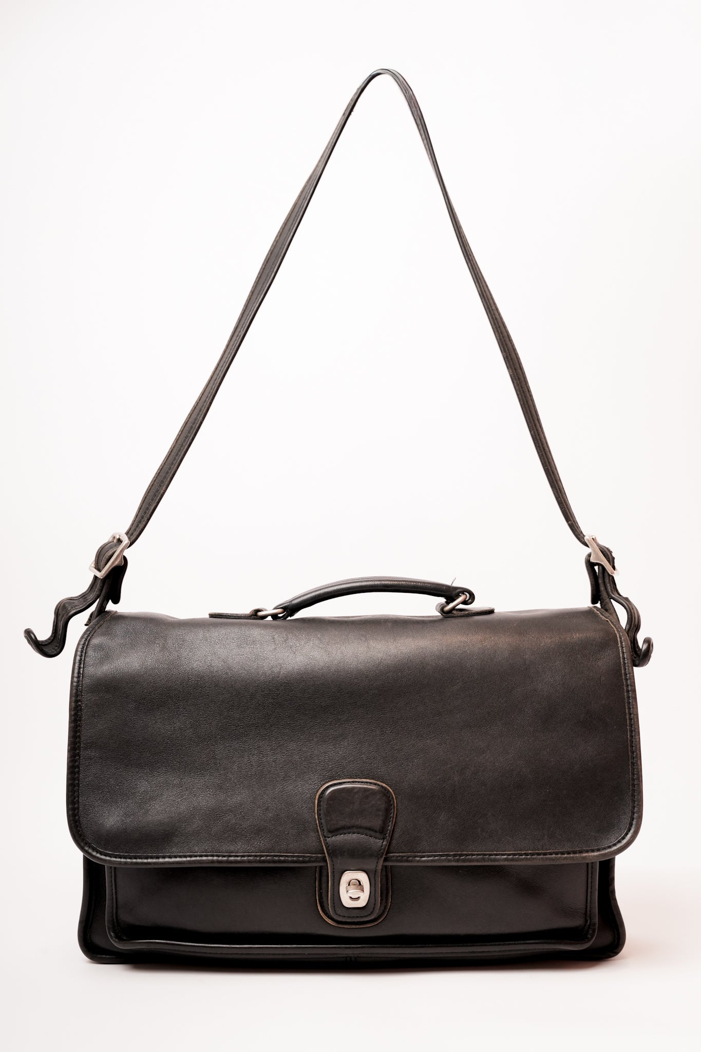 1980’s Coach Black Leather Messenger Briefcase - Silver-Tone Hardware