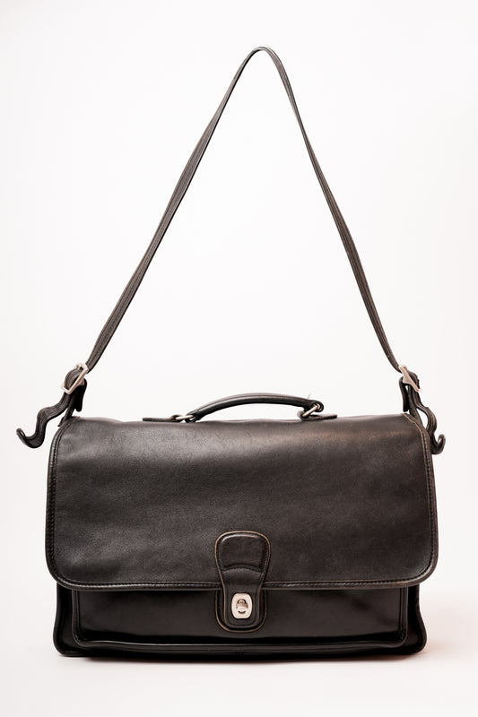 1980’s Coach Black Leather Messenger Briefcase - Silver-Tone Hardware