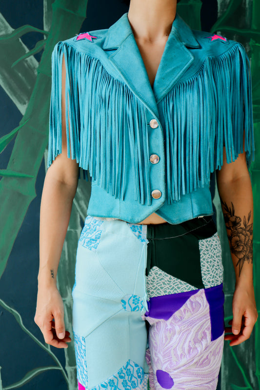 Teal Suede Fringe Star Vest