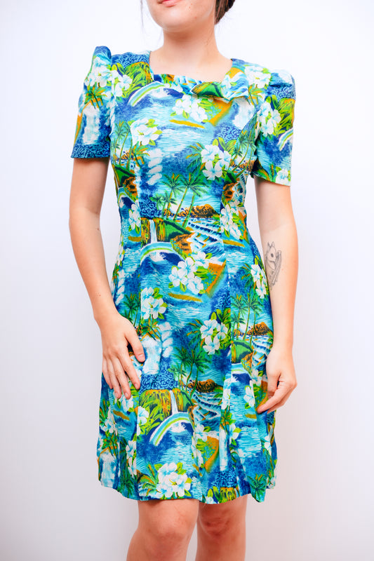 1960s Handmade Blue Aloha Dress